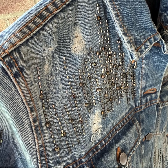 ZARA | Blue beaded distressed dressy spring summer denim rare jean jacket coat - Picture 16 of 16